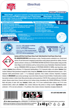 Tył opakowania Kret Citrus Fresh 6 ACTION kostka toaletowa, z informacjami o składnikach i ostrzeżeniami.