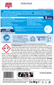 Tył opakowania kostek WC Kret Fresh Power Marine Fresh 6 Action, niebiesko-białe z informacjami.