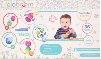 Pudełko Trefl kulko-klocków sensorycznych Lalaboom 36 sztuk. Kolorowe kulki i infografiki sposobów zabawy.