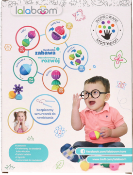 Pudełko Trefl kulko-klocki sensoryczne, 30 szt. Kolorowe kulki i małe dziecko w okularach, inspirowane Montessori.