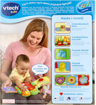 Tył opakowania interaktywnej książeczki VTech Baby, z matką i dzieckiem bawiącymi się kolorową gąsienicą. Widoczne funkcje.