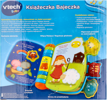 Opakowanie VTech Książeczka Bajeczka, edukacyjna zabawka dla niemowląt 9-36m, widok z przodu, kolorowe strony.