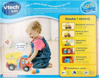 Dziecko bawi się czerwoną wywrotką Vtech Baby Trefl, licząc kulki, na tle opakowania. Rozwija motorykę.