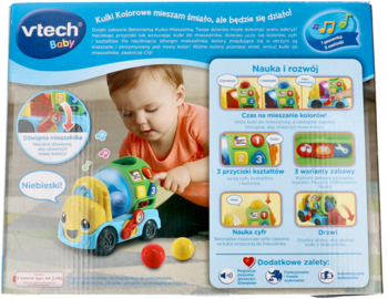 Tył opakowania VTech Baby betoniarki kulko-mieszarki, z dzieckiem i grafikami funkcji edukacyjnych zabawki.