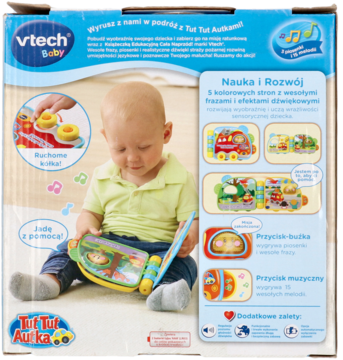 Tył opakowania Vtech Tut Tut Autka książeczki edukacyjnej, pokazuje niemowlę bawiące się i główne funkcje zabawki.