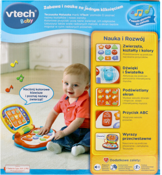 VTech Baby laptop, tył opakowania ukazujący dziecko bawiące się zabawką i kluczowe funkcje edukacyjne.