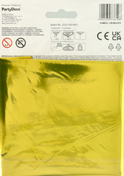 Tył opakowania złotego balonu foliowego cyfry 0. Błyszcząca dolna część, biała góra z instrukcjami i kodami.