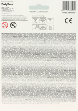 Tył opakowania balonu foliowego PartyDeco cyfra 6, z instrukcjami, ostrzeżeniami i kodem kreskowym.