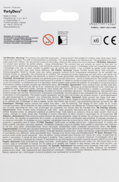 Tył białego opakowania PartyDeco z wielojęzycznymi ostrzeżeniami, kodem kreskowym i symbolami.