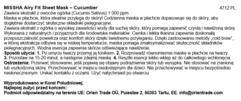 MISSHA Airy Fit Sheet Mask Cucumber. Fragment etykiety z polskim tekstem o składzie, użyciu i ostrzeżeniach.