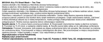 Pełna strona informacji o masce MIILDUR Key Fit Tea Tree. Czarny tekst na białym tle zawiera opis, instrukcje i ostrzeżenia.