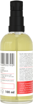 Tył butelki uniwersalnego olejku Manufaktura Piękna Lawendowa Bergamotka 100ml, z kodem kreskowym i czarną pompką.