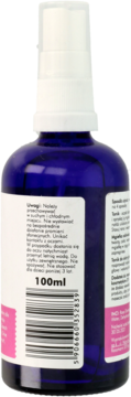 Tył butelki różanego hydrolatu 100ml w ciemnoniebieskim szkle, z białym atomizerem, widoczną etykietą i kodem EAN.