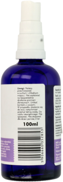 Tył niebieskiej butelki naturalnego hydrolatu lawendowego 100ml ze sprayem, widoczna etykieta z polskimi instrukcjami i kodem kreskowym.