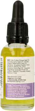 Tylna etykieta serum do twarzy z naturalnymi olejkami w szklanej butelce z zakraplaczem, widoczny skład INCI.