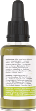 Tył butelki żółto-zielonego serum do twarzy z kroplomierzem, widoczna biała etykieta ze składnikami INCI.