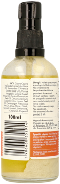 Tył butelki suchego olejku do ciała Bella Ciało 100ml. Widoczna etykieta ze składnikami, instrukcjami i kodem kreskowym.