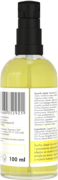 Suchy olejek Manufaktura Piękna Kokos Ananas, 100 ml, w butelce z pompką, zbliżenie na tył z etykietą i kodem.