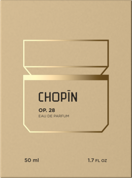 Beżowe opakowanie perfum męskich Chopin OP.28 Eau de Parfum 50ml, ze złotym konturem flakonu i napisami.