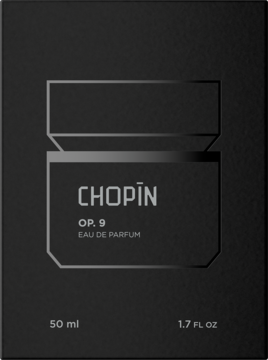 Czarne, matowe opakowanie perfum Chopin OP.9 Eau de Parfum z grafiką butelki i nazwy w srebrze.