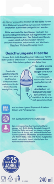 Tył turkusowego opakowania butelki Baby dream 240 ml z silikonowym smoczkiem antykolkowym i infografikami.