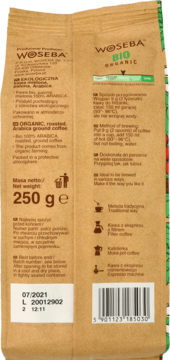 WOSEBA ,ekologiczna kawa mielona, palona, 100% Arabica,tył