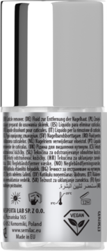 Tył srebrnej butelki preparatu Semilac do usuwania skórek, widoczne napisy w wielu językach i symbol Vegan.