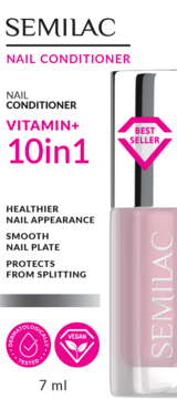 Semilac Nail Conditioner Vitamin+ 10in1, różowa butelka z metalową nakrętką i etykietą z benefitami.