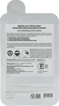 Tył opakowania maski MEDIHEAL N.M.F NUDE GEL MASK, białej z polskim opisem intensywnie nawilżającym.