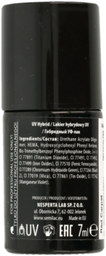 Tył czarnej butelki lakieru hybrydowego UV Semilac 7ml z białym tekstem: skład, producent, symbole.
