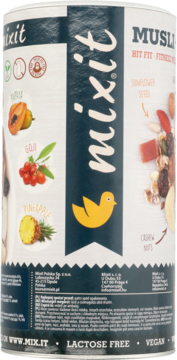 Cylindryczne opakowanie Mixit Muesli Hit Fit, biało-turkusowe, z ilustracjami papai, goji, ananasa i napisem vegan. Widok z przodu.