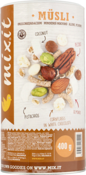 Mixit Müsli orzechowe z kokosem, pecanami, pistacjami, migdałami i płatkami w białej czekoladzie. Widok z przodu.