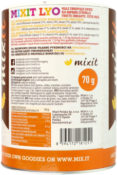 Tył opakowania Mixit LYO, suszona mieszanka owoców, waga 70g. Widoczna etykieta z tabelą wartości odżywczych.