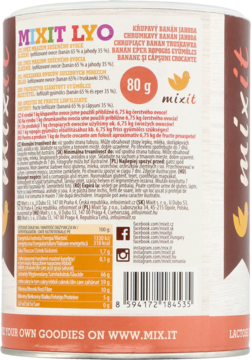 Tylna strona opakowania Mixit Lyo Chrupiący Banan 80g, brązowo-różowa etykieta z tabelą wartości odżywczych.