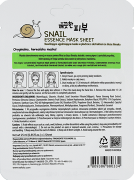 Tył opakowania koreańskiej maski w płachcie Snail Essence, ze składem, instrukcją użycia i kodem kreskowym.