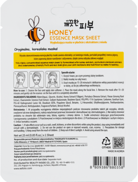 Tył biało-żółtego opakowania maski w płachcie Honey Essence z miodem, z opisem, składem i instrukcją użycia.