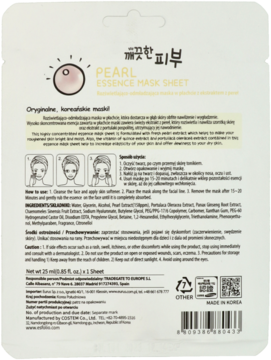 Tył opakowania maseczki Pearl Essence Mask Sheet z ekstraktem z pereł, białe z polskim opisem i instrukcjami.