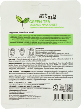 Tył białego opakowania maski Green Tea Essence, z zielonym liściem herbaty, polskim opisem i składem.