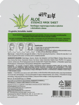 Tył opakowania maski w płachcie e'olife Aloe Essence z listą składników, instrukcją użycia i kodem kreskowym na jasnym tle.