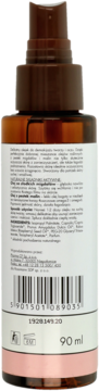 Tył brązowej butelki delikatnego olejku do demakijażu 90 ml. Widoczna etykieta z polskim opisem i kodem kreskowym produktu.