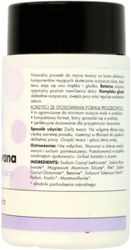 Tył opakowania naturalnego proszku do mycia twarzy z czarną nakrętką i detalowym tekstem w języku polskim.