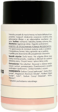 Tył opakowania proszku do mycia twarzy z Inuliną i Alantoiną. Widoczny opis produktu i lista składników.