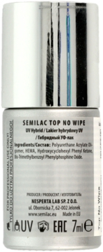 Tył srebrnej butelki Semilac Top No Wipe, lakier hybrydowy UV, opis prof. użycia, skład i 7ml.