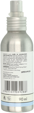 Tył srebrnej, metalowej butelki wody termalnej w sprayu 90 ml, z etykietą i widocznym kodem kreskowym.