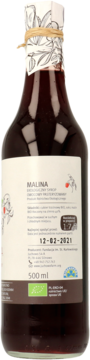 Tył butelki ekologicznego syropu malinowego 500 ml z etykietą, datą ważności i certyfikatem BIO UE.