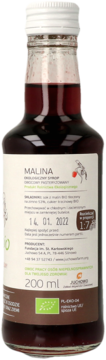 Ekologiczny syrop malinowy 200ml w szklanej butelce z certyfikatem BIO, widok z przodu etykiety.