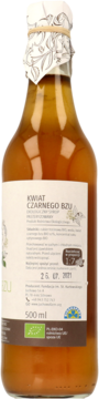 Tył szklanej butelki ekologicznego syropu z kwiatu czarnego bzu 500ml z białą etykietą i tekstem.