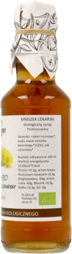 Syrop z mniszka lekarskiego BIO pasteryzowany w szklanej butelce, widok z przodu, etykieta z kwiatem.