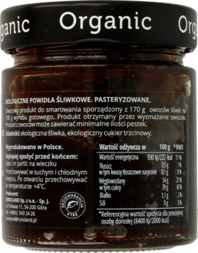 Tył szklanego słoika z organicznymi powidłami śliwkowymi. Widoczna etykieta z listą składników i wartościami odżywczymi.