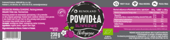Frontowa etykieta powideł śliwkowych Bio Tradycyjne 230g, magenta z szarym tłem i białym tekstem, widok z przodu.